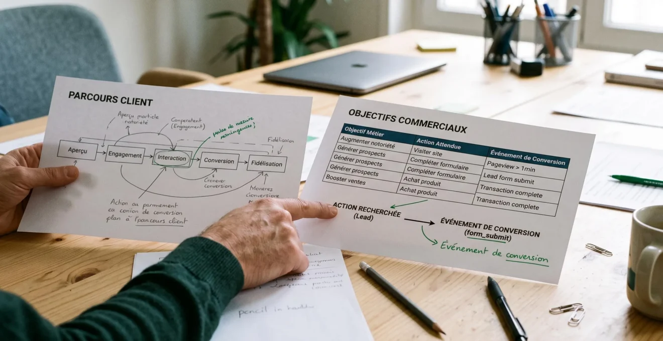 Document de préparation d'une campagne publicitaire avec parcours de conversion et indicateurs à suivre.