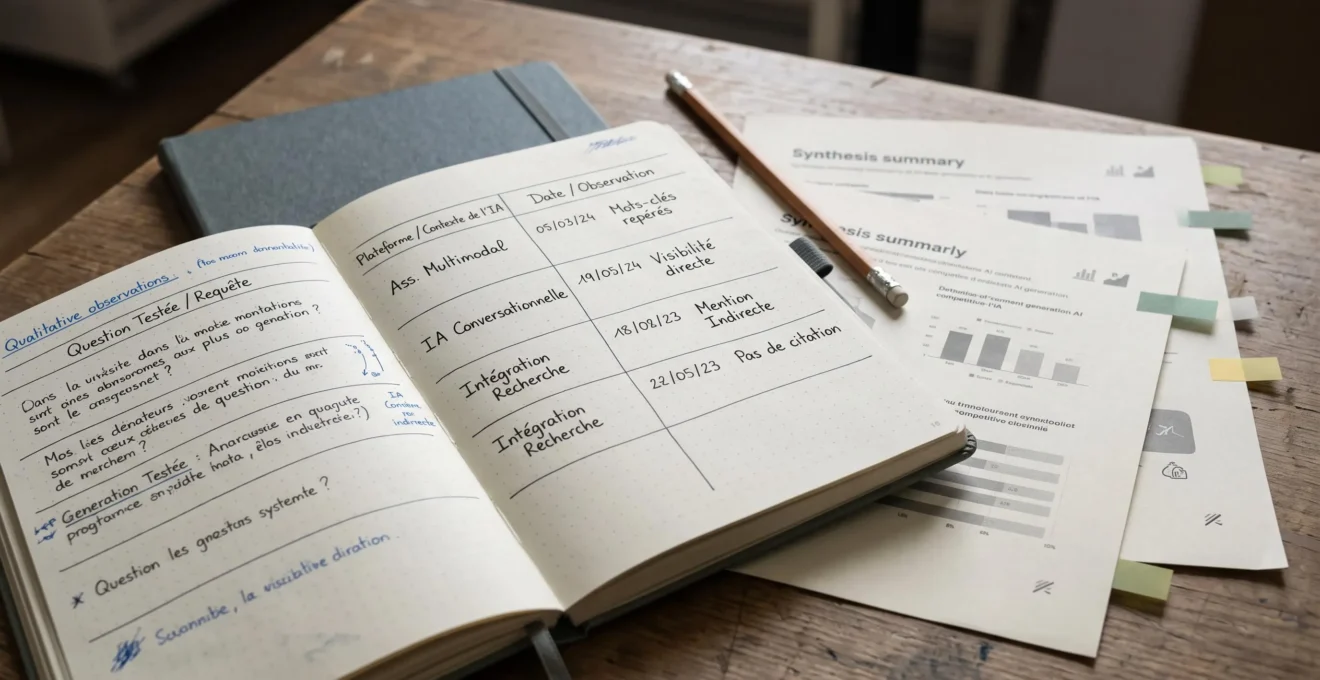 Carnet d'observation organisé par questions, plateformes et dates pour analyser la visibilité dans les réponses IA.